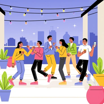 A rooftop patio in an urban setting with a wooden deck and string lights overhead. A group of five friends are dancing joyfully, surrounded by colorful potted plants and a small table with drinks. Two friends are laughing as they dance, one is twirling, and another is capturing the moment with a smartphone. The city skyline is visible in the background under a twilight sky, with stars beginning to appear.