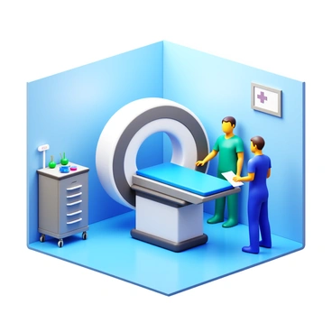 A CT scan machine positioned in a clean, bright hospital room. Medical staff in scrubs are actively preparing for an emergency procedure. One technician is adjusting the settings on the CT scan machine, while another is checking a patient's charts. There are various medical instruments and supplies neatly arranged on a nearby cart. The atmosphere conveys a sense of urgency and professionalism.