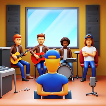 A music band consisting of four members is sitting in a recording studio. The lead singer has short brown hair and is wearing a leather jacket. The guitarist has long curly hair and is holding a guitar. The drummer, wearing a t-shirt and jeans, is looking concerned. The bassist, wearing a cap backwards, is leaning against the wall with crossed arms. In front of the band, a record producer with glasses and a serious expression is sitting at a mixing console. A microphone and various musical instruments are scattered around the studio. A large window reveals soundproofing panels and studio lights. "This isn't what I expected," the producer says, looking disappointed.