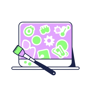 A palette filled with a variety of icons, each representing different choices. The palette is laid out on a flat surface, displaying an array of shapes like circles, squares, and stars. Each icon is distinct, showcasing various themes such as food, travel, and technology. To the side, there is a small brush resting on the palette, suggesting the act of painting or selection. The background is clear to emphasize the details of the palette and icons.