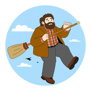 A large, bearded man with wild hair and a bushy beard is holding onto a colorful flying broomstick. He is wearing a brown jacket over a plaid shirt and has a pair of dark trousers. His expression shows a hint of nervousness as he grips the broomstick tightly. The background features a clear blue sky with a few fluffy white clouds, and the broomstick is positioned as if it's about to take off. Nearby, there are a few birds flying in the distance. The man's large hands are wrapped around the broom’s handle, and his feet dangle slightly above the ground.
