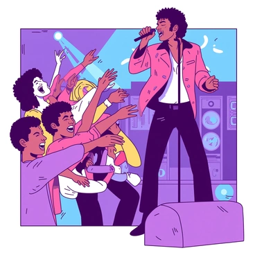 A vibrant scene of excited fans is depicted as they reach out towards "Michael Jackson," who is performing on stage. The fans are a diverse group, with varied expressions of joy and excitement on their faces, some with hands extended, grasping for a connection with the performer. "Michael Jackson," dressed in his iconic outfit, is energetically singing into a microphone, with bright stage lights illuminating him. The background features blurred concert elements, such as colorful spotlights and speakers, enhancing the lively atmosphere of the event.