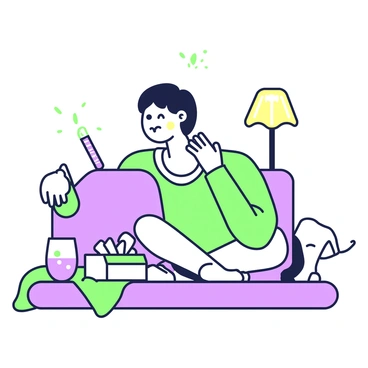 A character experiencing symptoms related to tonsillitis, such as a sore throat and fever.