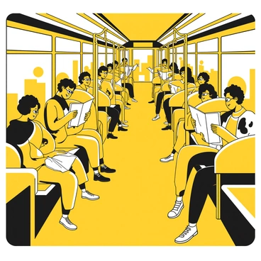 A crowded bus interior filled with a diverse group of people engaged in various activities. Some individuals are seated, reading yellow newspapers, while others are standing, holding onto handrails. A few passengers are intently focused on their smartphones. There are backpacks and bags resting on the floor, and advertisements are visible on the walls of the bus. The expressions of the passengers vary, some are absorbed in their reading while others occasionally look up. The bus windows show faint outlines of the outside world, hinting at a bustling city.