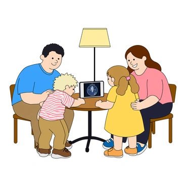 A group of four family members gathered around a small table, looking excitedly at an ultrasound image displayed on a phone. The family includes a father with short dark hair, wearing a blue t-shirt, and a mother with long brown hair, dressed in a pink blouse. Their two children, a boy with tousled blonde hair in a striped shirt and a girl with pigtails wearing a yellow dress, lean in closely, their expressions full of wonder. The ultrasound image shows a clear outline of a baby, and the warm light from a nearby lamp adds a cozy atmosphere to the scene.