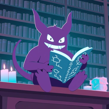 A Gengar with a mischievous expression is sitting on a large, ornate wooden desk in an ancient library filled with towering bookshelves. Its purple body contrasts with the surrounding dusty tomes and scrolls. The Gengar is holding an open, mysterious book with glowing runes on its pages, its eyes wide with curiosity. Dim candlelight illuminates the scene, casting flickering shadows across the library. Ancient artifacts and strange artifacts are scattered around, enhancing the atmosphere of intrigue and magic.