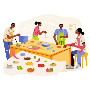 A community kitchen filled with people from different cultural backgrounds cooking together. Various individuals are actively preparing their traditional recipes. One person, wearing a colorful apron, is stirring a large pot on the stove, while another is chopping vegetables on a wooden table. A third person is rolling out dough, with flour lightly dusting the surface. Ingredients from diverse cuisines are spread out on the counters, including spices, herbs, and fresh vegetables. There are plates of finished dishes on a nearby table, showcasing vibrant colors and unique presentations. The atmosphere is lively, with smiles and conversations happening among the neighbors as they share their culinary traditions.