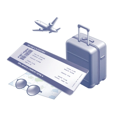 An illustrated boarding pass lying flat on a surface. The boarding pass features printed details such as "Flight Number," "Departure Time," and "Gate" information. In the background, an airplane is depicted taking off, with its wings angled upward and wheels retracting. Surrounding the boarding pass are a suitcase, sunglasses, and a travel map, all neatly arranged to highlight a traveler's essentials. The overall composition conveys a sense of preparation for an upcoming journey.