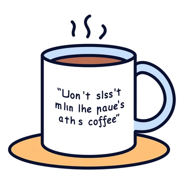 A ceramic coffee mug with a glossy finish. The mug has a handle on the side and is filled with steaming coffee. The surface of the mug features an inspirational quote printed in an italic font. The quote is centered on the mug and is surrounded by a simple decorative border. The mug is placed on a wooden table, with a soft morning light illuminating the scene.