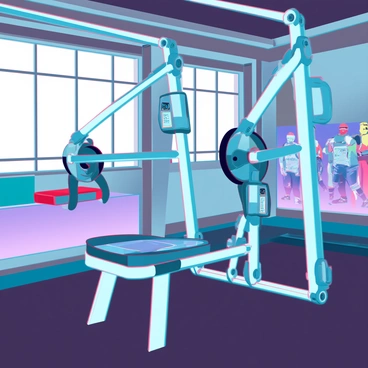 A cable crossover machine with a sleek, futuristic design featuring polished chrome finishes and illuminated control panels. The equipment includes dual adjustable pulleys with multi-grip handles, each displaying personalized settings for users. The machine is set in a modern gym environment with high ceilings and large windows letting in natural light. The floor is made of dark rubber, and fitness accessories are neatly organized nearby. The backdrop includes a vibrant mural depicting fitness enthusiasts in motion.