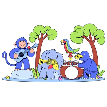 A lively cartoon jungle scene featuring a band of animals playing musical instruments. In the center, a cheerful monkey plays a bright blue guitar while standing on a large rock. Next to the monkey, a colorful parrot is singing into a red microphone. A playful elephant is playing a large brass trumpet, and a wise old tortoise is tapping on a drum set. Surrounding them are vibrant green trees with large leaves and colorful flowers dotting the ground. The animals are all smiling and enjoying the music they are creating together.