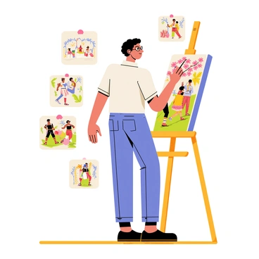 A man with short dark hair and glasses is standing at an easel, painting vibrant traditional cultural scenes from around the world. He is dressed in a white shirt and blue jeans. The easel holds a canvas displaying a colorful depiction of a Japanese cherry blossom festival. Surrounding him are various sketches showcasing a traditional African dance, a Native American powwow, and an Italian carnival. The setting is bright, with warm lighting illuminating the artwork and a wooden floor beneath his feet.