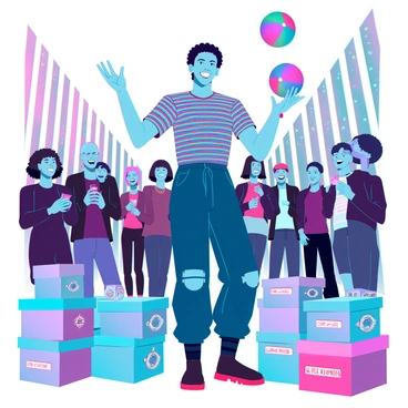 A street performer with a charismatic expression and vibrant clothing stands on a busy sidewalk. He has a mischievous grin and is wearing a colorful striped shirt and baggy trousers. In one hand, he juggles three bright, oversized balls while using the other hand to gesture as if he is enthusiastically selling fake products to a gathered crowd. Around him, various props lay on the ground, including fake watches, shiny trinkets, and boxes labeled with humorous product names. The crowd consists of intrigued onlookers, some laughing and others pulling out their phones to capture the moment. Bright city lights and urban architecture create a lively backdrop to this engaging performance.