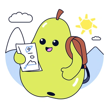 A cartoon character that resembles a pear, featuring a round body with a bright green color and a small brown stem on top. The character has large, expressive eyes and a cheerful smile. It is wearing a small, brown backpack strapped to its back, which is slightly bulging, indicating it is filled with supplies. In one of its hands, the pear character holds a folded map, showing some lines and symbols to indicate a planned route. The background is a simple landscape with a few clouds and a sunny sky.