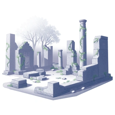 A mystical ancient ruins set with crumbling stone structures and vines reclaiming the land