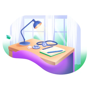 A bedside table featuring a "stethoscope" coiled neatly around a "wristwatch." The table has a smooth surface with a warm wooden finish. A small lamp casts a soft glow, illuminating the table's contents. In the background, a "window" allows gentle light to filter in, casting subtle shadows. A "notebook" and a "pen" are placed beside the watch, adding to the scene.