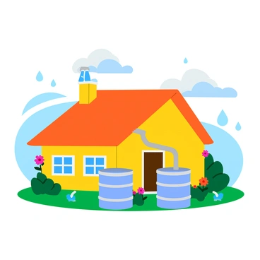 A cozy home with a sloped roof designed to collect rainwater. The roof is angled prominently, adorned with shiny rain gutters that channel water into large storage barrels positioned at the base of the house. Below the eaves, water droplets are visibly cascading down into the barrels. The house is surrounded by a lush garden filled with vibrant flowers and green plants, enhancing the natural aesthetics of the scene. The sky above is cloudy, indicating a rain shower, while the light filters softly through the clouds, illuminating the home and the collection system.