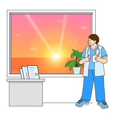 A nurse with light skin and short brown hair, wearing blue scrubs and a white lab coat, stands by a large hospital window. She is gazing outside at a beautiful sunrise, with vibrant oranges and pinks spreading across the sky. The window frame is white, and a few medical charts are visible on a small desk beside her. The room is softly lit, with a potted green plant sitting on the windowsill. The nurse holds a coffee cup in her hand, enjoying the moment as the sun's rays illuminate her face.
