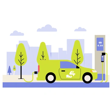 An electric delivery car parked at a roadside charging station. The car is a bright green color with a white delivery logo on the side. A charging cable connects the car to the charging station, which has a digital screen displaying current charging status. The station is tall and sleek, colored in grey with blue accents. In the background, there are trees along the sidewalk, and a clear blue sky with a few fluffy clouds overhead. The scene conveys a busy urban environment with a few pedestrians walking nearby.