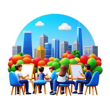 A group of students sitting at easels sketching a vibrant Canadian cityscape. The city features a mix of modern skyscrapers and historic buildings with distinct architectural styles. Some students are focused on drawing, while others discuss their work. Colorful trees and greenery are visible, adding contrast to the urban scene. Bright blue skies with a few fluffy clouds fill the background, enhancing the outdoor setting.