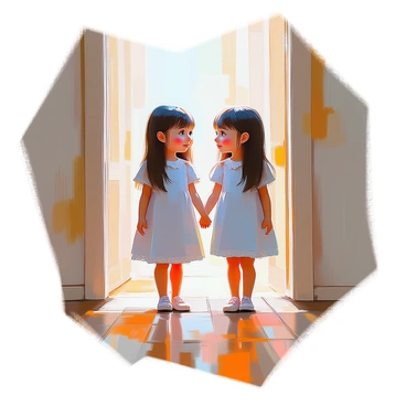 Two identical twin girls with long, dark hair are standing in a dimly lit hallway, holding hands. They are wearing matching light blue dresses with white lace trim. The hallway features peeling wallpaper and wooden floorboards, creating an atmosphere of nostalgia. The faint light casts soft shadows, emphasizing the girls' identical features and expressions. Their eyes are wide with curiosity as they look ahead, standing close together with their hands intertwined.