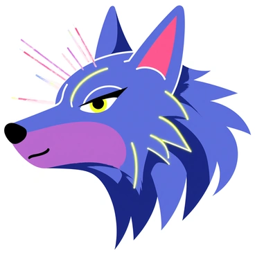 A wolf head featuring sharp, angular lines and prominent facial features. The wolf has bright blue and purple neon colors, with glowing accents highlighting its sharp eyes and fur texture. The background consists of geometric shapes that enhance the futuristic appearance, with light streaks radiating from the wolf's head, emphasizing its fierce gaze.