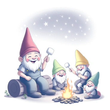 A garden gnome with a cheerful expression is seated on a log beside a bonfire. The gnome is wearing a red hat and blue overalls, holding a small marshmallow on a stick. Surrounding the gnome are two other gnomes, one with a green hat and the other with a yellow hat, both are laughing and roasting marshmallows as well. Above them, the sky is filled with twinkling stars, creating a vibrant backdrop. The bonfire's flames flicker softly, casting warm light on the gnomes and the surrounding area, which is dotted with small plants and rocks.