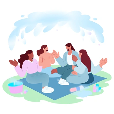 Juliet is sitting on a blanket laid out on the grass, surrounded by her close friends. They are all engaged in a lively conversation, with smiles and laughter filling the air. The trees overhead create a dappled light effect, casting playful shadows on the ground. Each friend is dressed in casual, comfortable clothing, with their arms animatedly gesturing as they share secrets. In the background, a few colorful picnic items are visible, including a basket and some drinks. A sense of warmth and camaraderie is palpable in the scene.