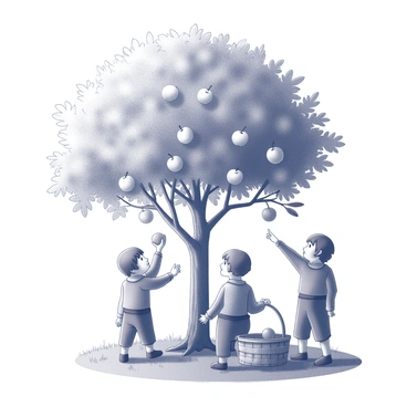 A group of hobbits is gathered around a tree laden with ripe apples. One hobbit is reaching up with both hands to pluck a bright apple from a low-hanging branch. Another hobbit stands beside a wicker basket, crouched down, carefully placing freshly picked apples inside. Nearby, a third hobbit is pointing towards the tree, indicating the best branches to pick from. The scene is set amidst a lush landscape, with grass underfoot and the apple tree providing ample shade for the hobbits during the harvest season. The atmosphere reflects a sense of community and teamwork as they work together to gather the fruit.