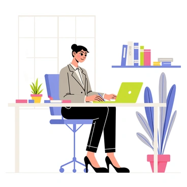 A professional woman in an office setting is seated at her clean and organized desk. She is wearing sleek black heels that shine under the soft office lighting. Her attire consists of a tailored suit, and she has her hair neatly styled. She is focused on typing at her laptop, with a notepad and a pen beside her. Behind her, there are shelves filled with books and office supplies. A large window allows natural light to illuminate the space, and a potted plant adds a touch of greenery to the environment.