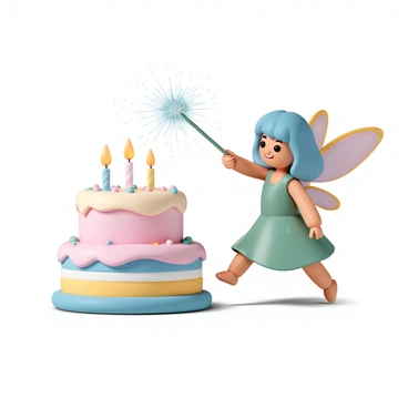 A whimsical cartoon fairy waving a magic wand over a birthday cake