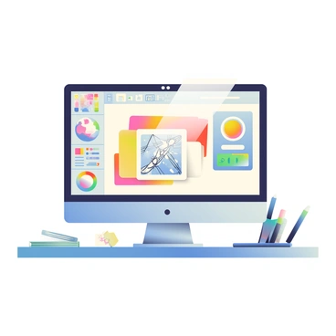 A computer screen is prominently displayed in the center of the image, showcasing advanced design software with an intricate user interface. On the screen, various design tools and palettes are open, featuring vibrant colors and shapes. A partially completed illustration, highlighting detailed linework and gradients, is positioned in the center of the workspace. Surrounding the computer are several drawing tablets and styluses, indicating an artist’s workspace. The desk beneath the computer is organized, with sketches and notes scattered around, enhancing the creative atmosphere.