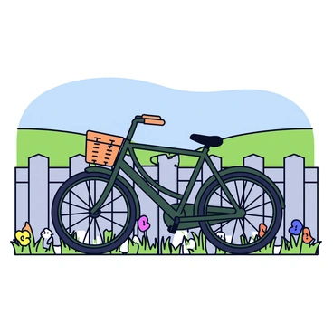 An antique bicycle with a dark green frame and wooden handlebars is leaning against a rustic wooden fence. The bicycle features a large front wheel and a smaller rear wheel, with a woven basket attached to the front. The fence is weathered, with splintered wood and patches of gray. In the background, there are rolling green hills and a clear blue sky. Wildflowers in various colors are scattered around the base of the fence, adding a touch of vibrancy to the scene.