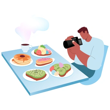 A food photographer is positioned at a table, capturing images of a vibrant brunch spread. The table is adorned with an assortment of colorful dishes including stacks of fluffy pancakes drizzled with syrup, a bright fruit salad with slices of various fruits, and a platter of avocado toast sprinkled with seeds. A cup of coffee sits beside the dishes, emitting steam. The photographer is holding a camera, focused intently on the spread, with natural light illuminating the scene, highlighting the textures and colors of the food.