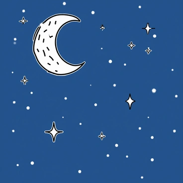 A starry night sky with a crescent moon shaped like a coconut