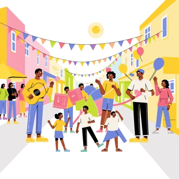 A group of musicians is performing on a lively street. One musician plays a guitar made from a cereal box, while another plays a drum constructed from colorful plastic buckets. A third musician is blowing into a flute made from a garden hose. The performers are surrounded by an enthusiastic audience, with children dancing and adults clapping along. Bright banners and balloons hang from nearby buildings, adding to the festive atmosphere. The sun is shining, creating a cheerful ambiance for the street performance.