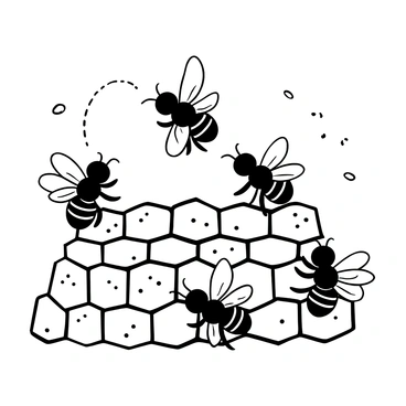 A group of honeybees positioned on a textured honeycomb surface, each bee engaged in a waggle dance. The honeycomb features hexagonal cells filled with honey, creating a detailed pattern. Some bees are in motion, with their wings slightly spread, while others remain stationary, conveying a sense of activity and community. The scene captures the intricate interactions of the bees as they communicate through their dance, with lines or arrows depicting their movements in the air.
