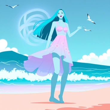 A young anime girl with long, flowing hair, colored in a vibrant shade of blue, stands on a sandy beach. She is wearing a light, airy sundress with floral patterns, which sways gently in the sea breeze. The sun is shining brightly in a clear blue sky, casting warm light on her joyful expression. In the background, waves crash against the shore, creating a dynamic contrast to the calm sandy beach. Seagulls are flying in the sky, adding to the lively atmosphere of the scene.