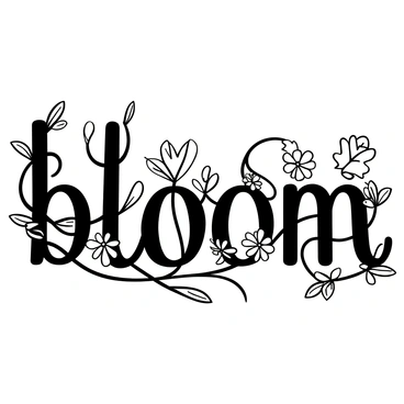 The word "bloom" is crafted using intricate patterns of delicate flowers and winding vines. Each letter is adorned with various floral elements, such as petals and leaves, intricately woven together. The overall composition features a harmonious arrangement of the natural elements, highlighting the curves and shapes of the letters, creating a visually appealing and organic design. The background is filled with additional foliage that complements the floral letters, enhancing the theme of growth and nature.