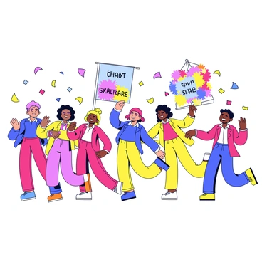 A lively parade with groups of people dancing joyfully. Each dancer wears bright costumes in varied colors, including reds, blues, and yellows. They are carrying large, colorful banners that display vibrant designs and messages of celebration. The atmosphere is filled with excitement as confetti floats through the air, adding to the festive ambiance. The crowd is smiling and clapping along, creating a sense of community and joy.