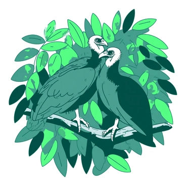 Two teal turkey vultures are perched closely together on a thick branch. The branch is supported by an array of lush green leaves, which create a dense backdrop of forest foliage. The vultures have their wings slightly spread and their heads held high, displaying their distinctive features. Sunlight filters through the leaves, casting dappled shadows on the vultures and the branch they occupy.