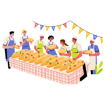 A friendly focaccia baking competition with various contestants showcasing their creations