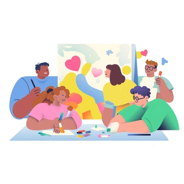 A family gathered around an illustration box, creating a large collaborative art piece together.