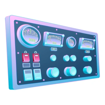A detailed control panel featuring multiple glowing knobs and meters. The knobs are illuminated in vibrant colors, emitting a soft glow that highlights their intricate designs. The meters display clear readings of AC voltage levels with bright, legible numbers and dynamic needle movements. The panel is set against a sleek, metallic backdrop, showcasing various switches and buttons, each contributing to the high-tech appearance of the device. Bright LED indicators blink in rhythm, suggesting active monitoring of electrical parameters.