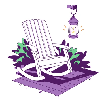 A white rocking chair is placed on a wooden porch. The chair has a classic design with curved rockers and armrests. A single glowing lantern hangs from a hook above the chair, casting a warm light that illuminates the area. Shadows dance around the chair, creating a cozy atmosphere. The porch flooring is made of dark wood, and there are subtle hints of green foliage in the background, adding to the tranquil setting.
