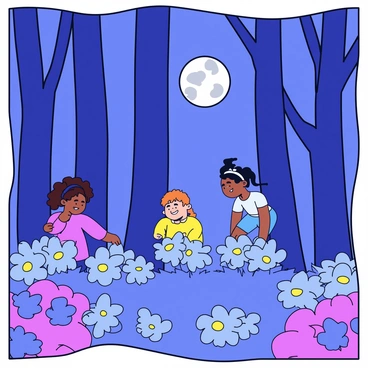 A grove with tall, slender trees casting elongated shadows under the moonlight. The ground is scattered with vibrant flowers that emit a soft, glowing light in shades of blue and purple. In the center of the grove, there are three children giggling, with one child peeking behind a tree while the others crouch behind bushes. The children's clothing is simple and colorful, contrasting with the soft glow of the flowers. The moon hangs low in the sky, illuminating the scene with a gentle silver light.