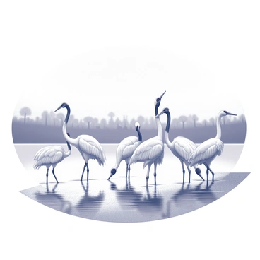 A group of cranes stands gracefully at the water's edge. Their long necks are elegantly arched as they interact with one another. The cranes are in various poses, some preening their feathers while others are gently dipping their beaks into the water. The surface of the water reflects their silhouettes, creating a mirrored effect. The sky above transitions into the twilight hours, with faint outlines of distant trees in the background. The overall composition conveys a tranquil atmosphere.