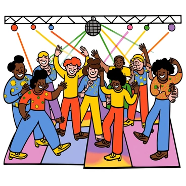 A lively disco dance floor filled with a diverse group of people dancing energetically. The dancers are wearing colorful 1970s bell-bottom pants in shades of blue, red, and yellow, paired with shiny, patterned shirts. Some individuals have on bright platform shoes that elevate their height. The floor is illuminated with vibrant disco lights casting patterns over the crowd. In the background, a large disco ball hangs from the ceiling, reflecting beams of light across the scene. Everyone is smiling and enjoying the upbeat atmosphere, showcasing a sense of fun and excitement.