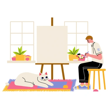 A fluffy ragdoll cat with striking blue eyes is lounging beside a large rectangular canvas on an easel. The cat's fur is a mix of white and cream, and it is sprawled comfortably on a colorful woven rug. The scene includes an artist, a person with light brown hair, sitting on a wooden stool, intently painting with a palette of vibrant colors. Paintbrushes are scattered around the artist, and a few splatters of paint adorn the floor. The background features a bright, sunlit room with plants on windowsills, enhancing the cozy atmosphere.
