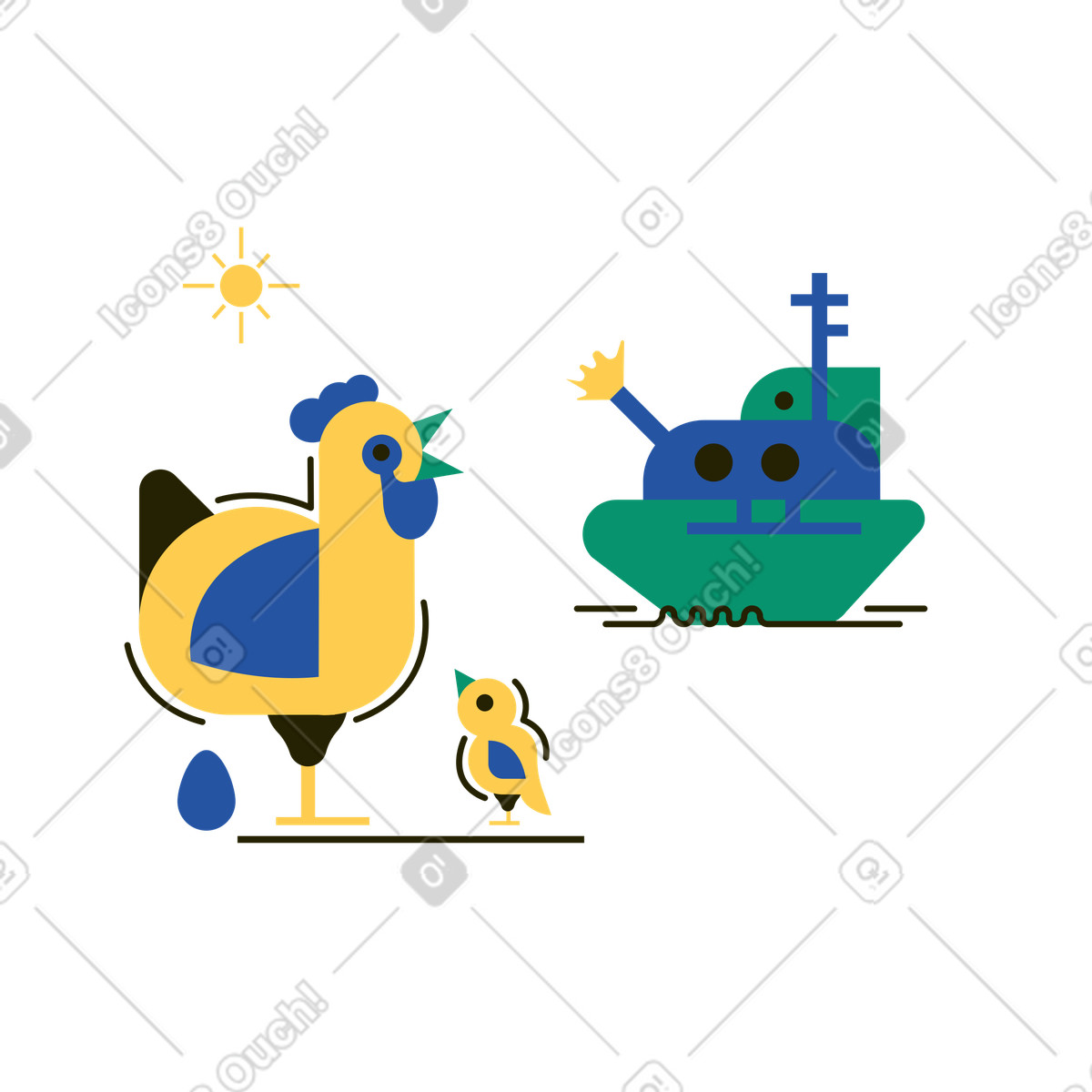 Ilustração de Chicken estava com medo do navio guerra em no estilo Spot para baixar em PNG, SVG